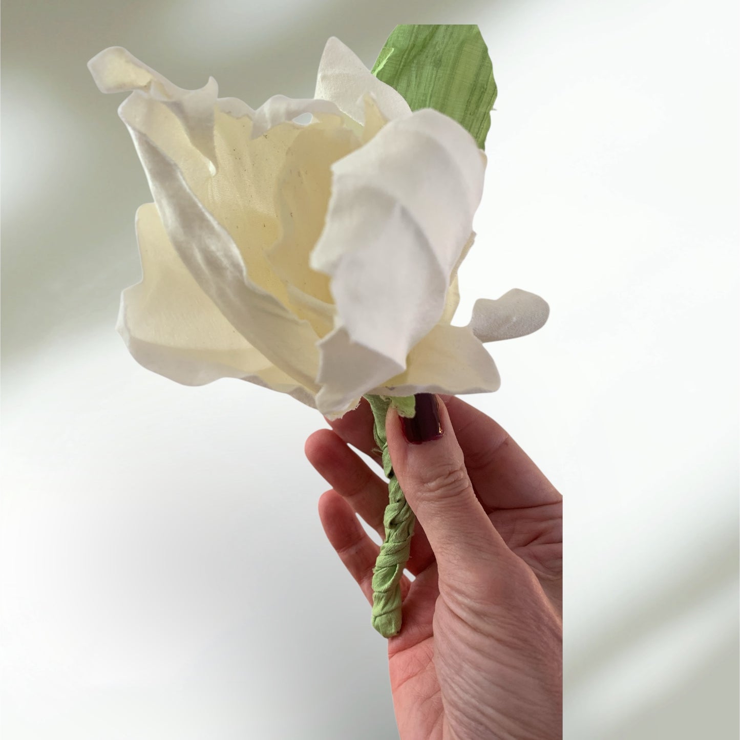 Flower Brooch | Silk Ivory with Green Leaf Large