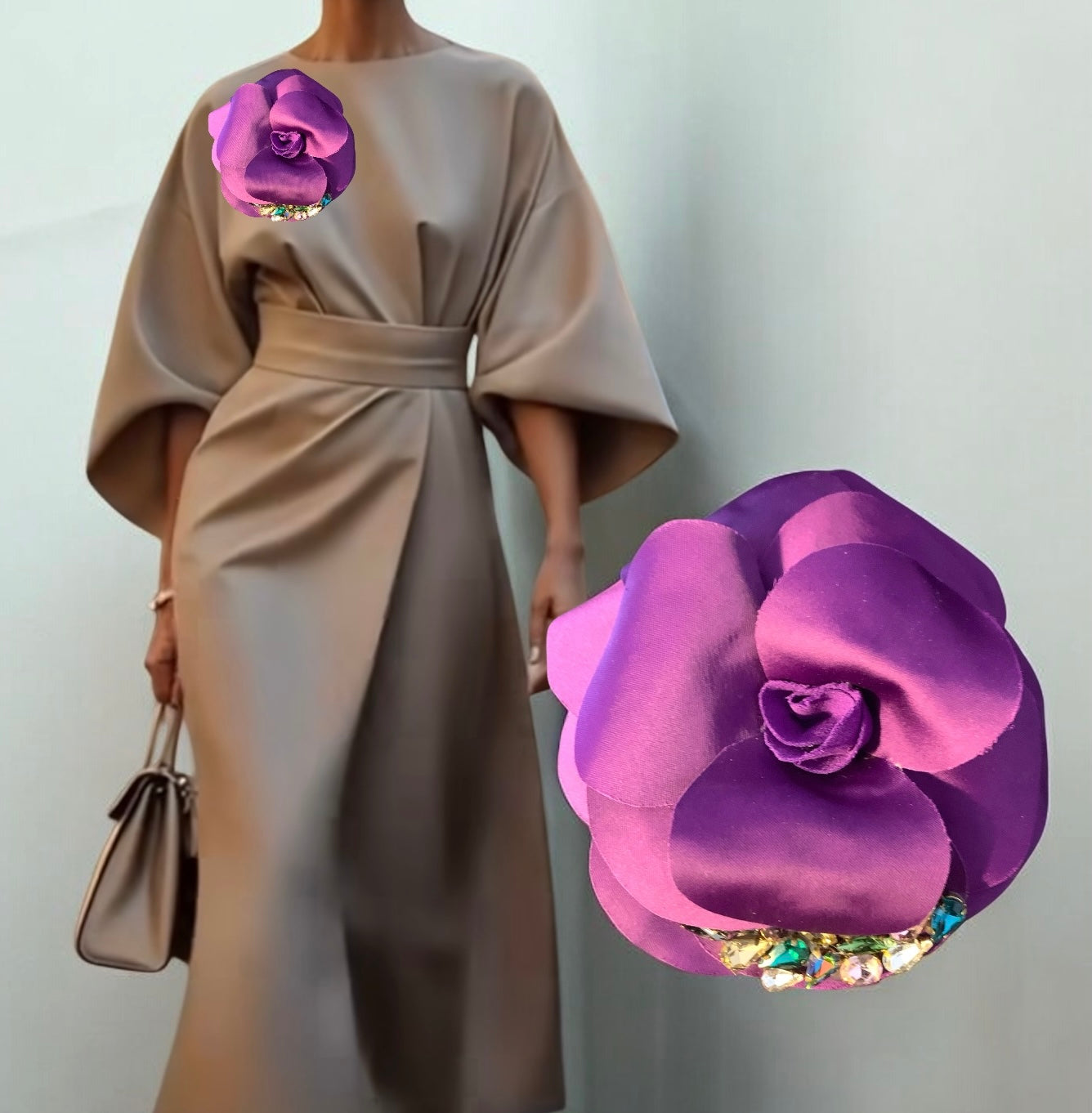 Brooch | Satin Purple with Multicolor Beads Large
