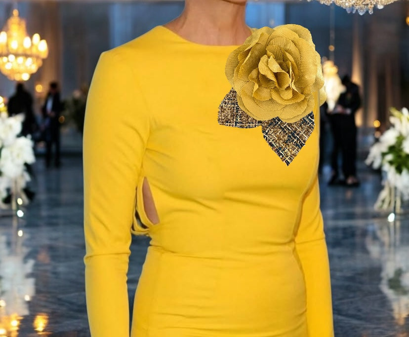 Brooch | Cotton-Tweed Leaves Mustard Yellow Large