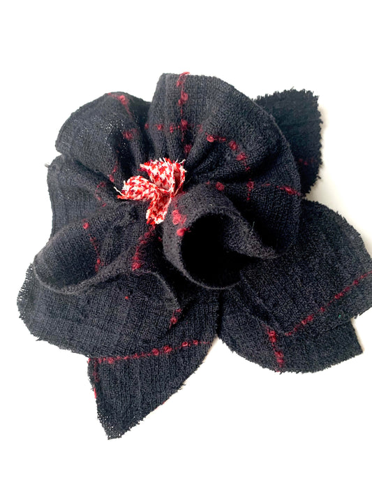 Brooch |  Wool Black with Red Lines Large