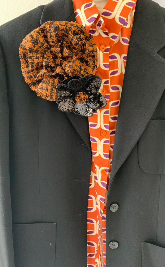 Double Brooch/ Burned Orange Tweed-Black Sequin Large