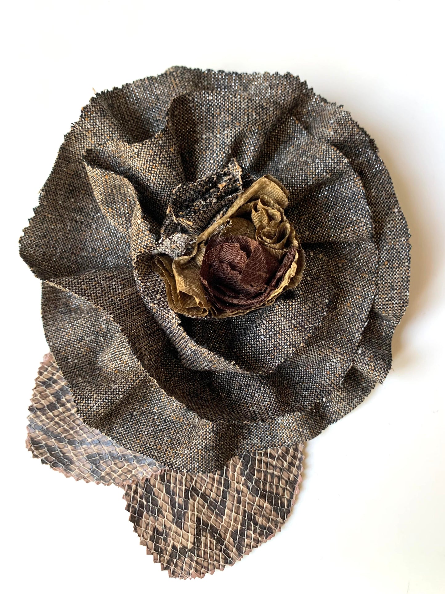 Flower Brooch | Tweed & Python Leather Brown Large