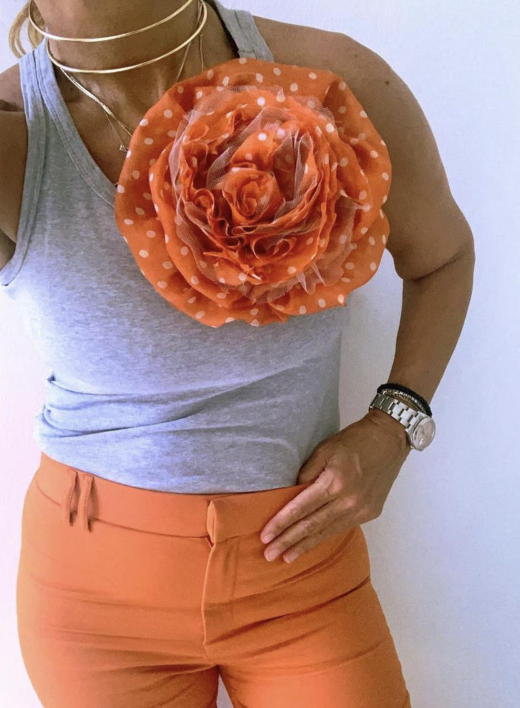 Flower Brooch | Silk Orange Polka Dot Large