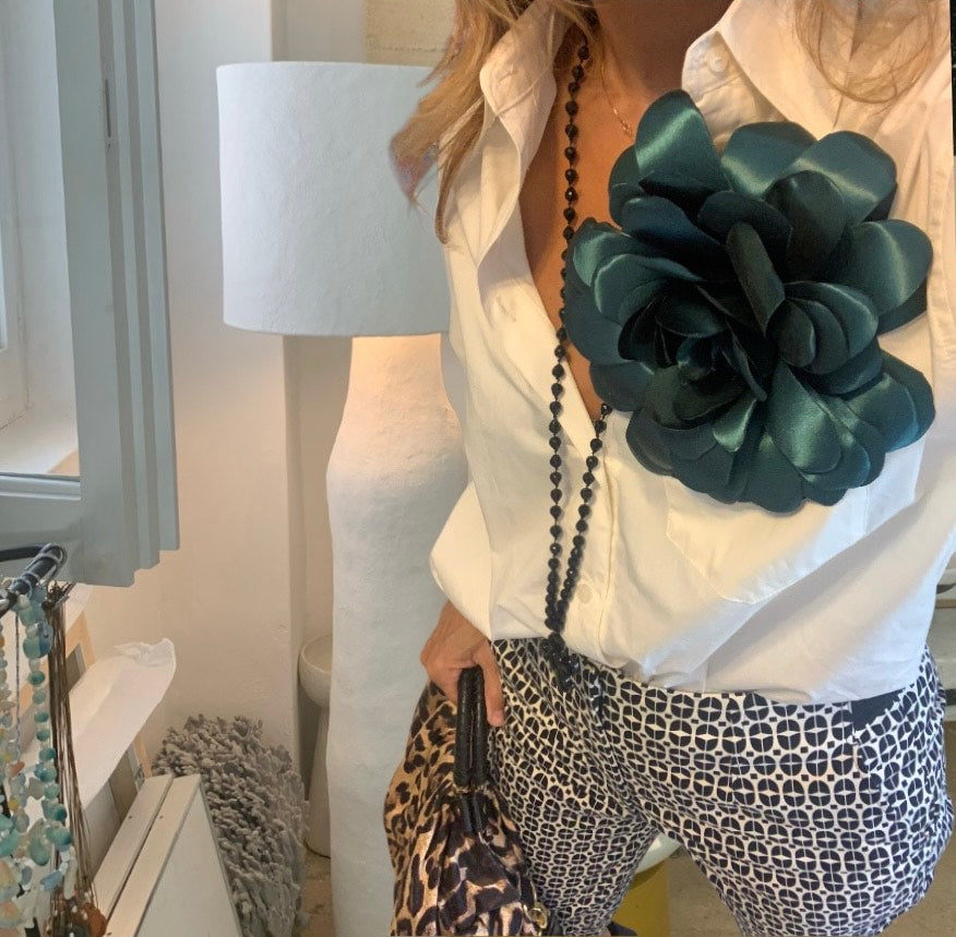 Flower Brooch | Satin Ribbon Dark Green Large