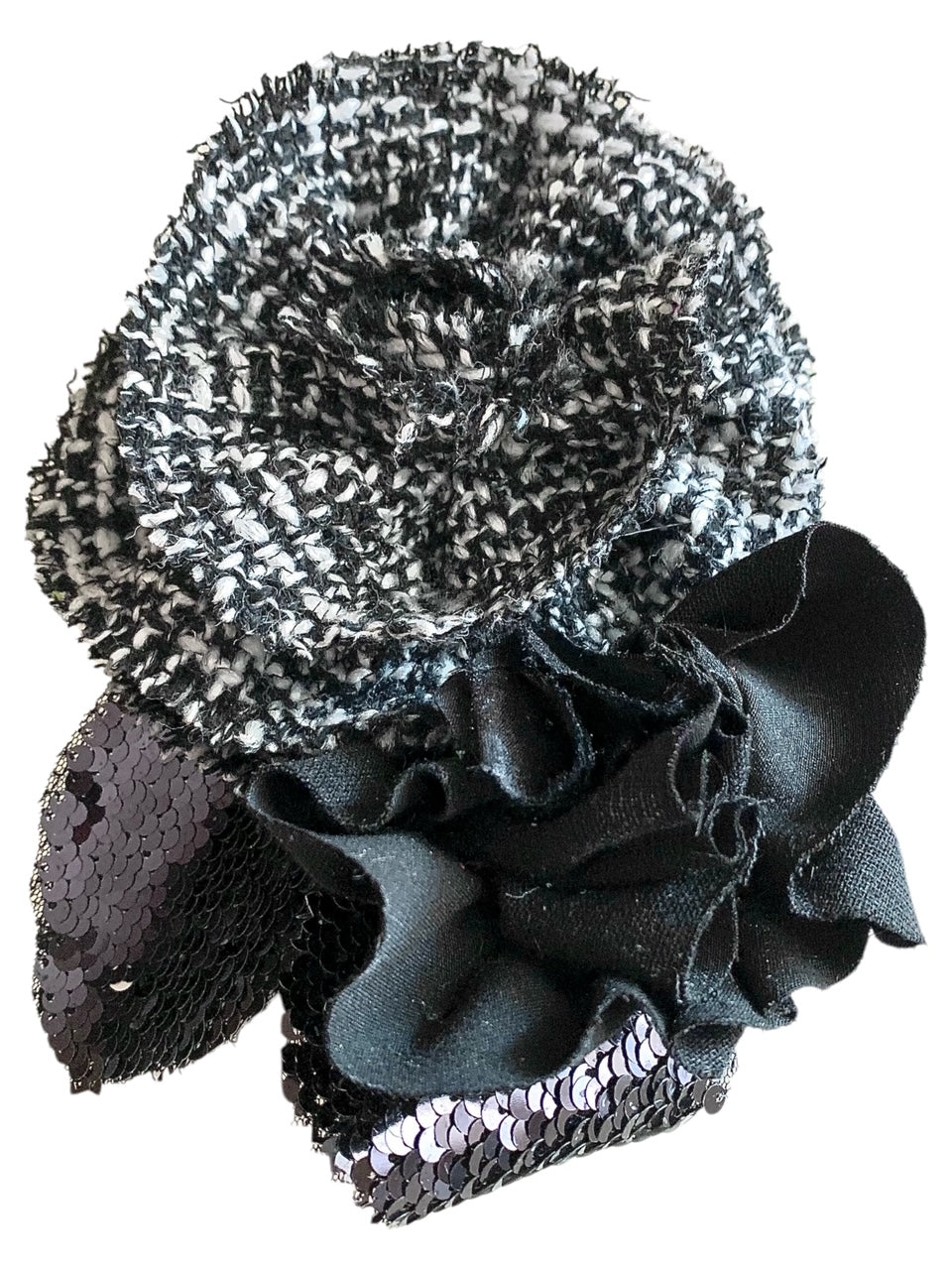 Brooch | Tweed-Wool-Sequin Black&white Large